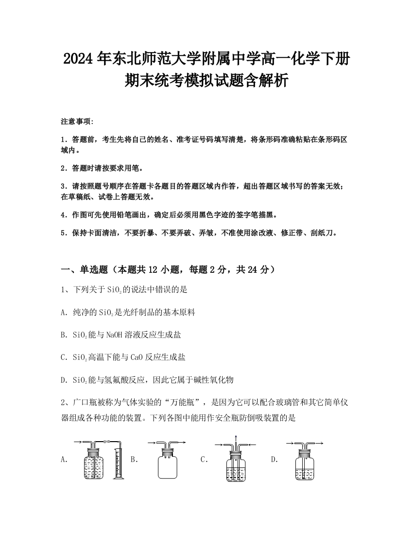 2024年东北师范大学附属中学高一化学下册期末统考模拟试题含解析