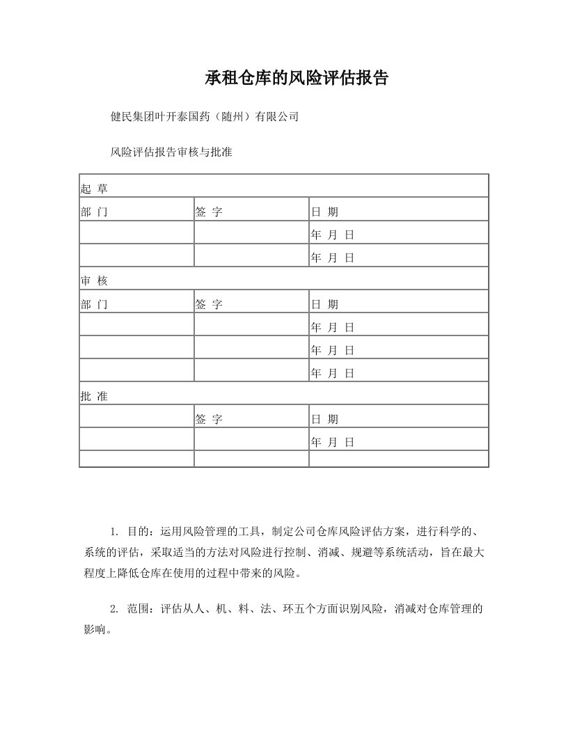 仓库的风险评估报告模板