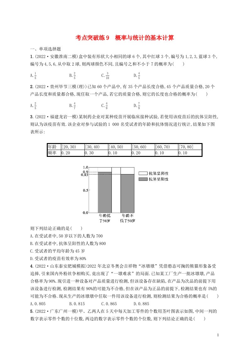 适用于新高考新教材2023届高考数学二轮总复习考点突破练9概率与统计的基本计算含解析