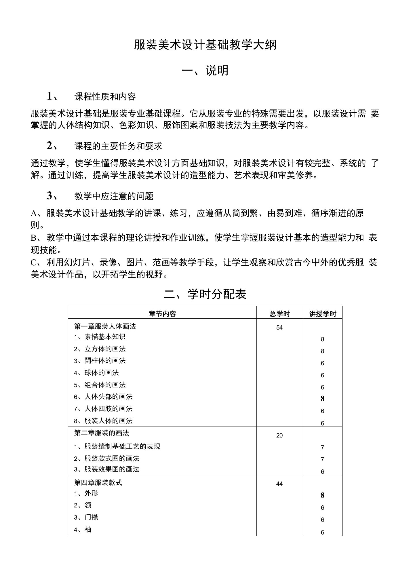 服装美术设计基础教学大纲