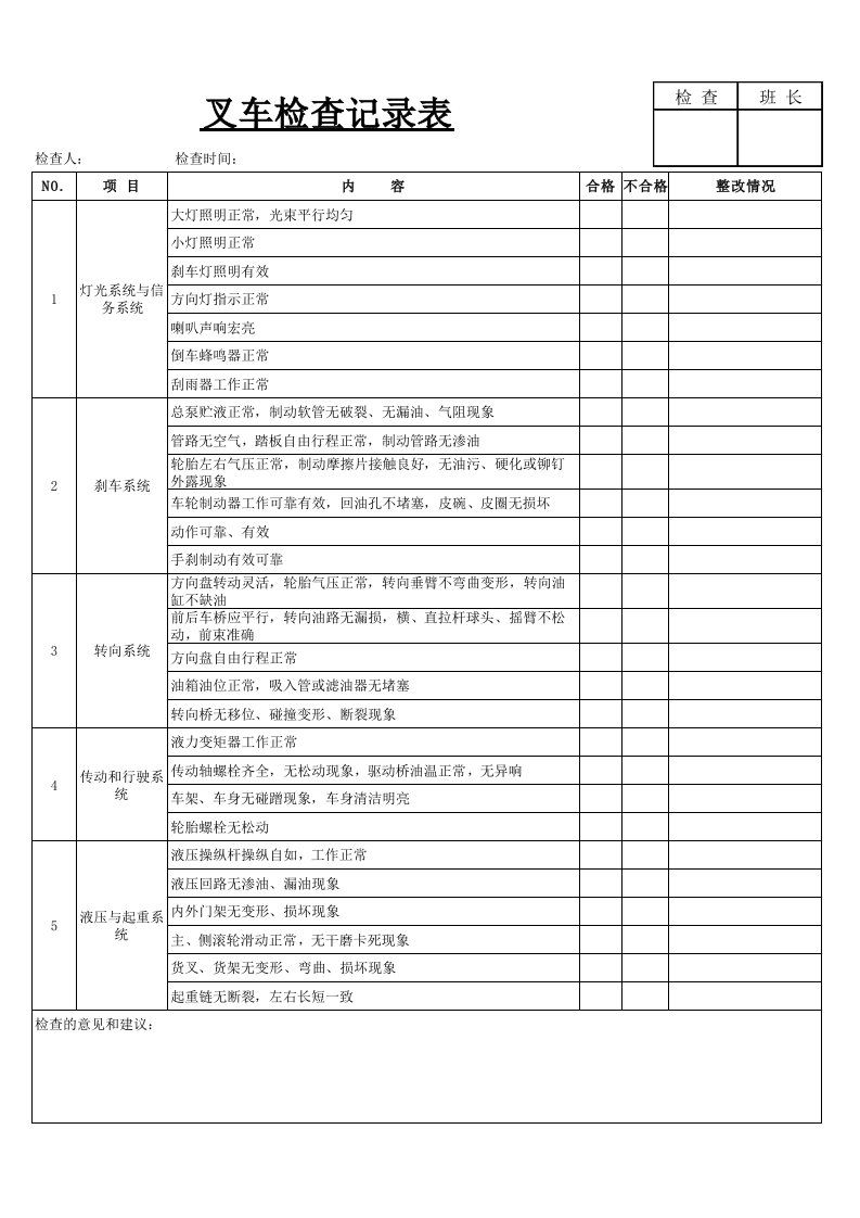 叉车检查记录表