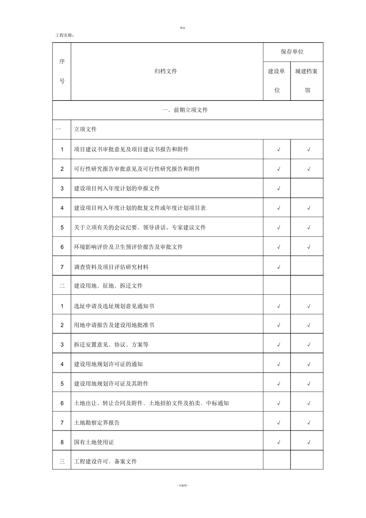 上海市建筑工程城建档案馆资料目录