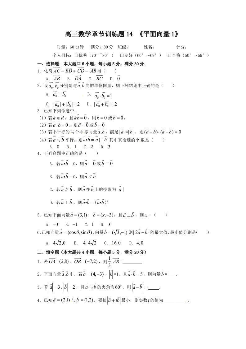 高中数学分章节训练试题：14平面向量