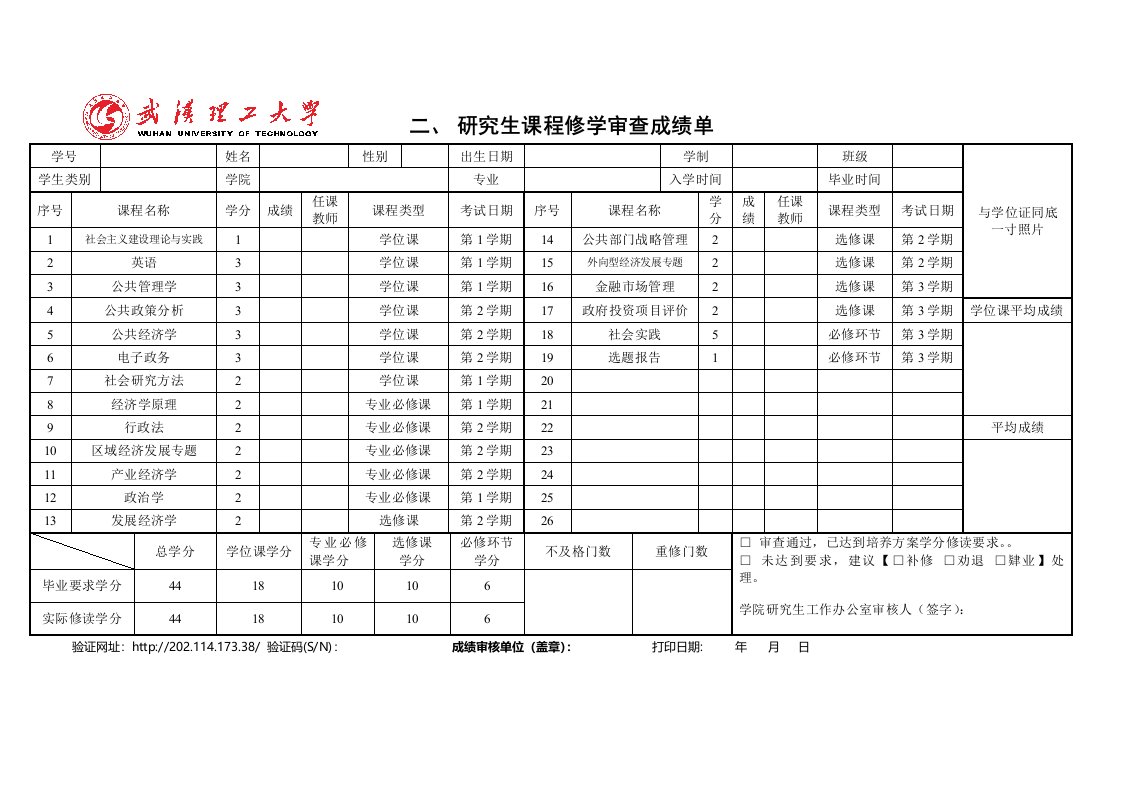 研究生课程修学审查成绩单