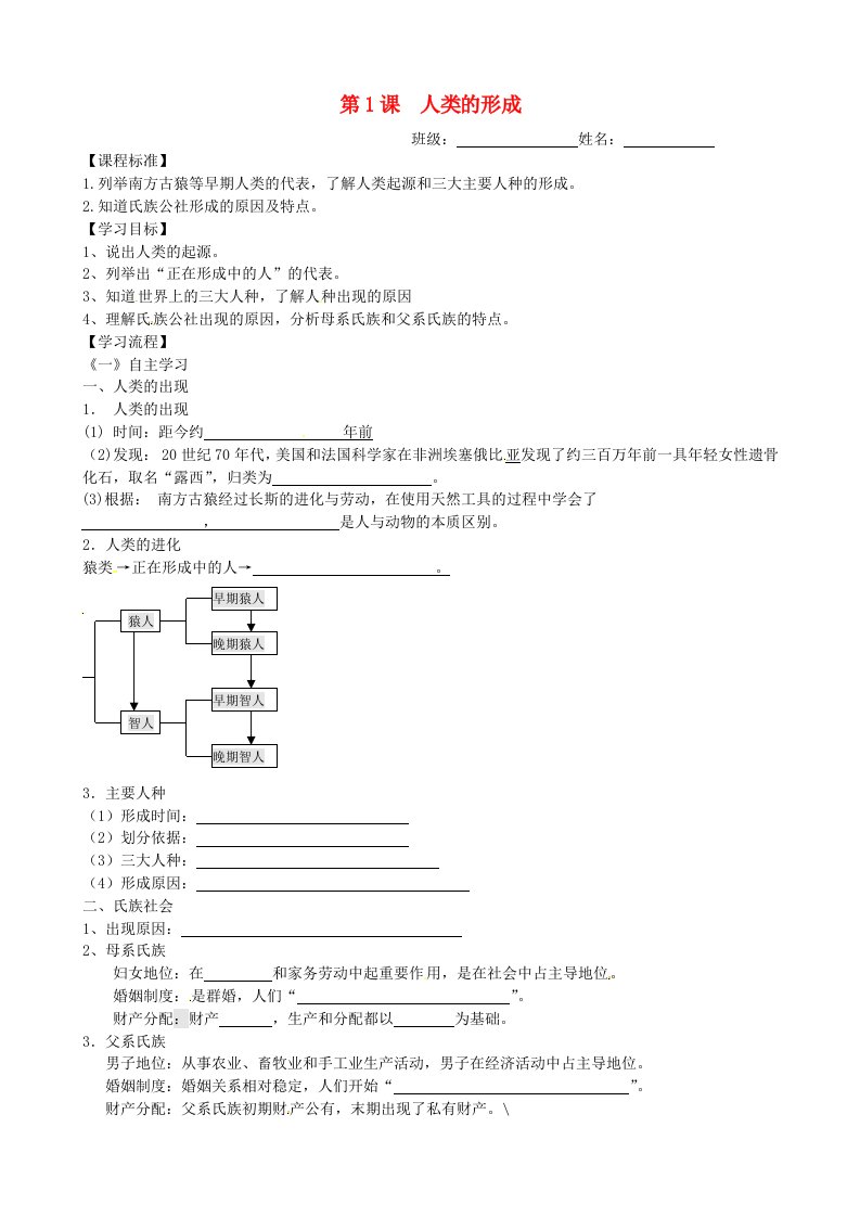 河南省郑州市第三十一中九年级历史上册世界历史第1课人类的形成学案无答案人教新课标版