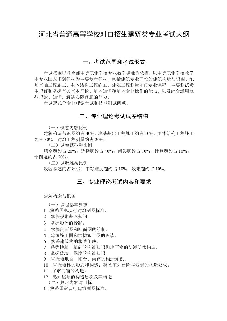 河北省普通高等学校对口招生建筑类专业考试大纲（2025版专业课）