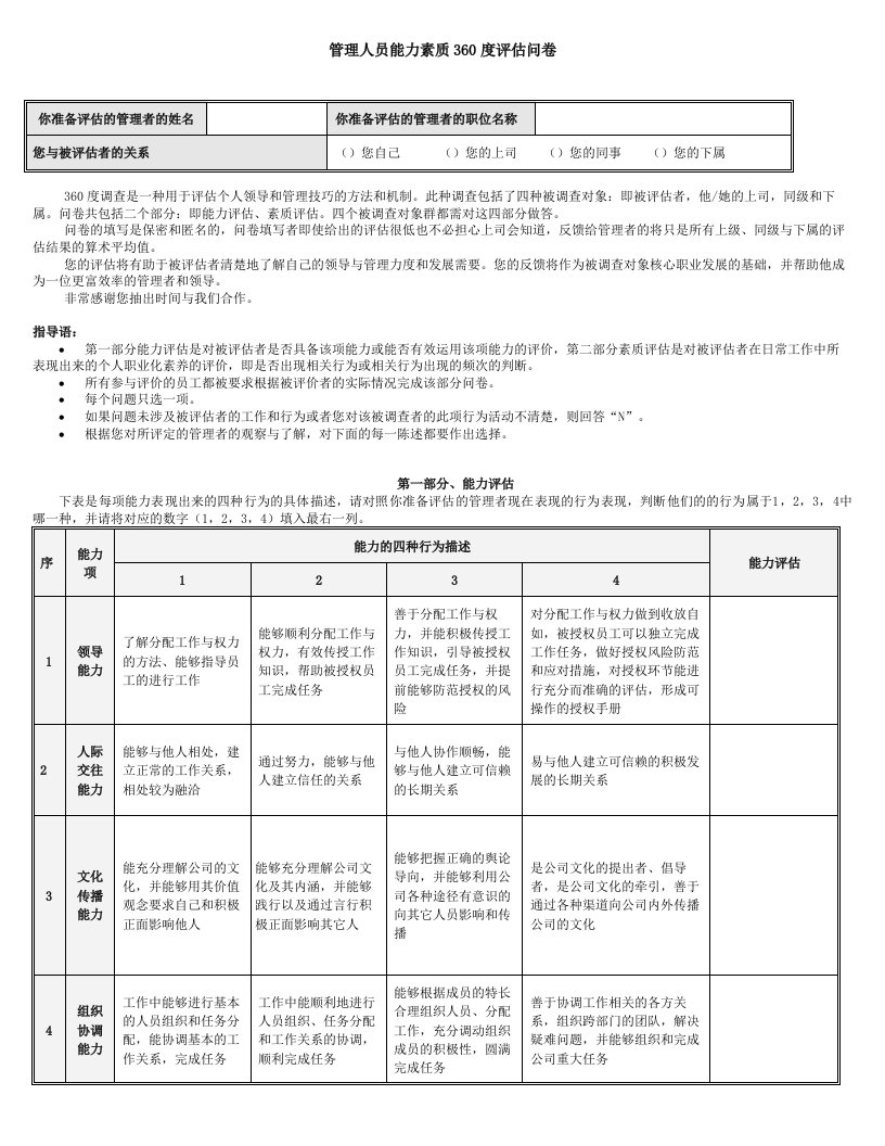 管理人员能力素质360度评估问卷