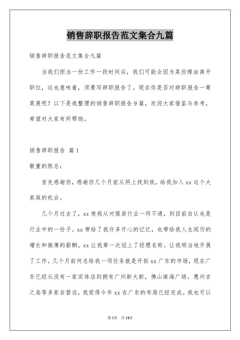 销售辞职报告范文集合九篇例文