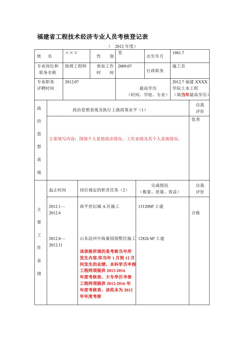 年度考核表-范本