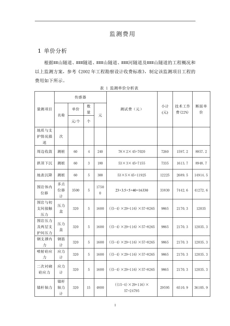 高寒地区隧道监测费用计算实例