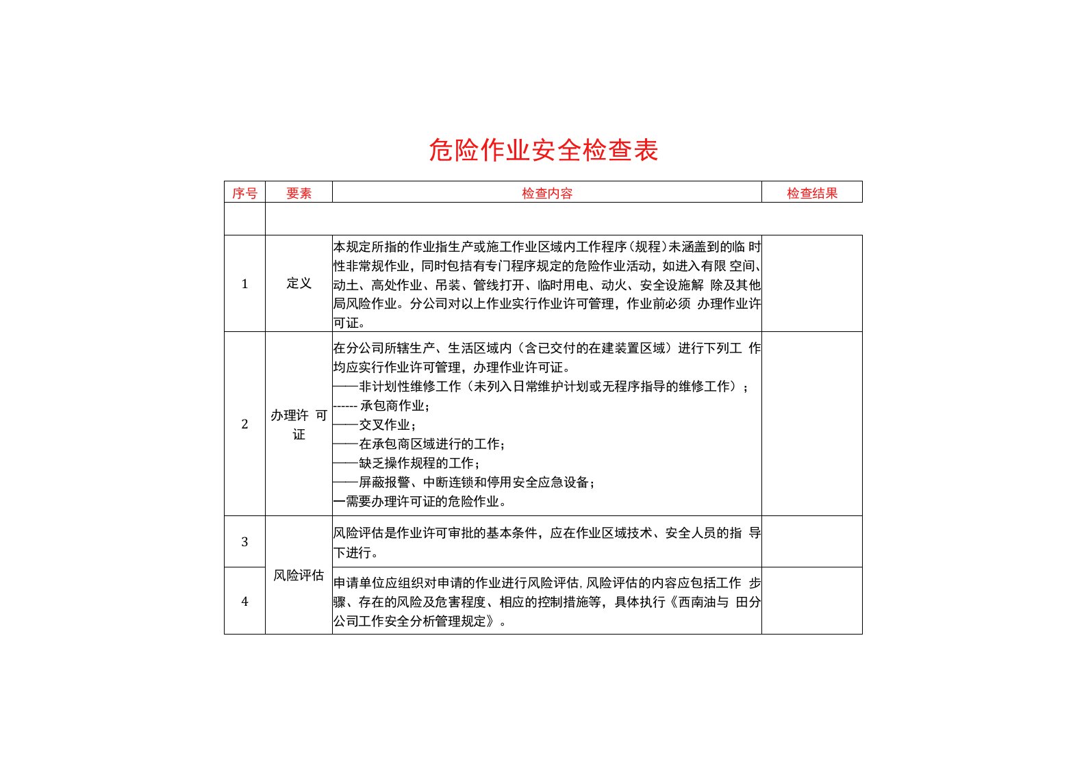 危险作业安全检查表