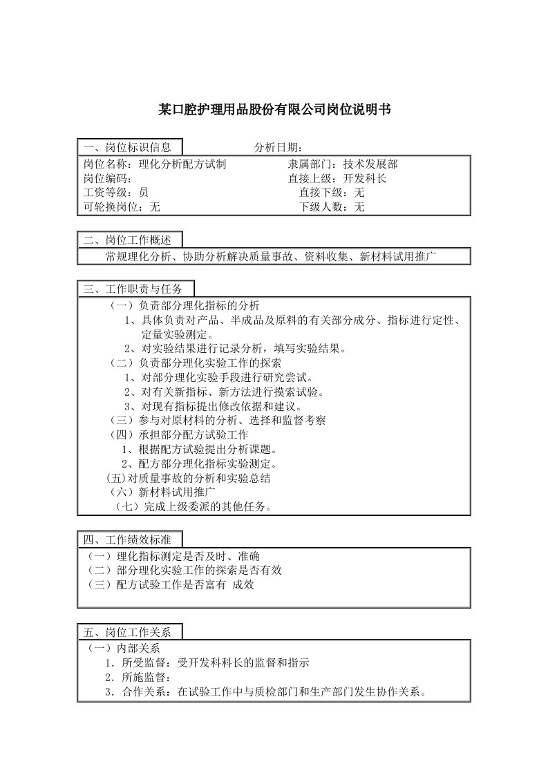 理化分析配方试制岗位说明书