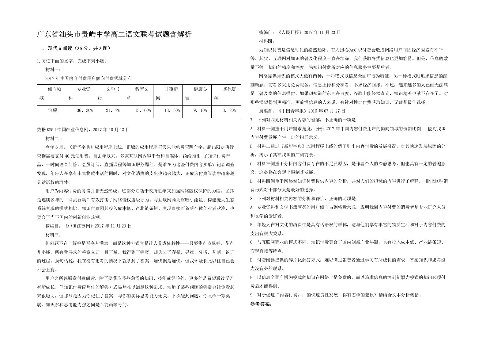 广东省汕头市贵屿中学高二语文联考试题含解析