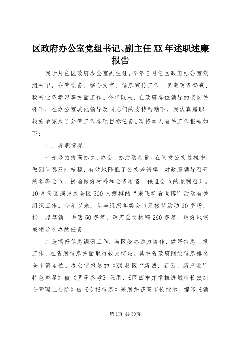 区政府办公室党组书记、副主任XX年述职述廉报告