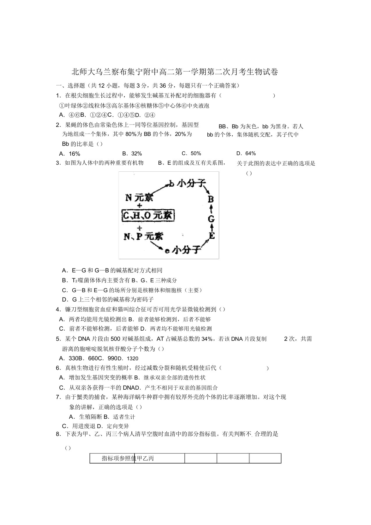 内蒙古北师大集宁附中【同步】高二生物上学期第二次月考试卷新人教版