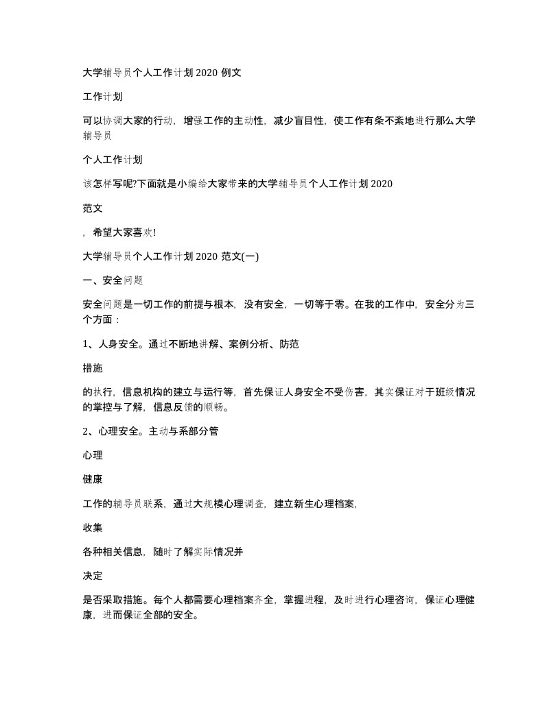 大学辅导员个人工作计划2020例文