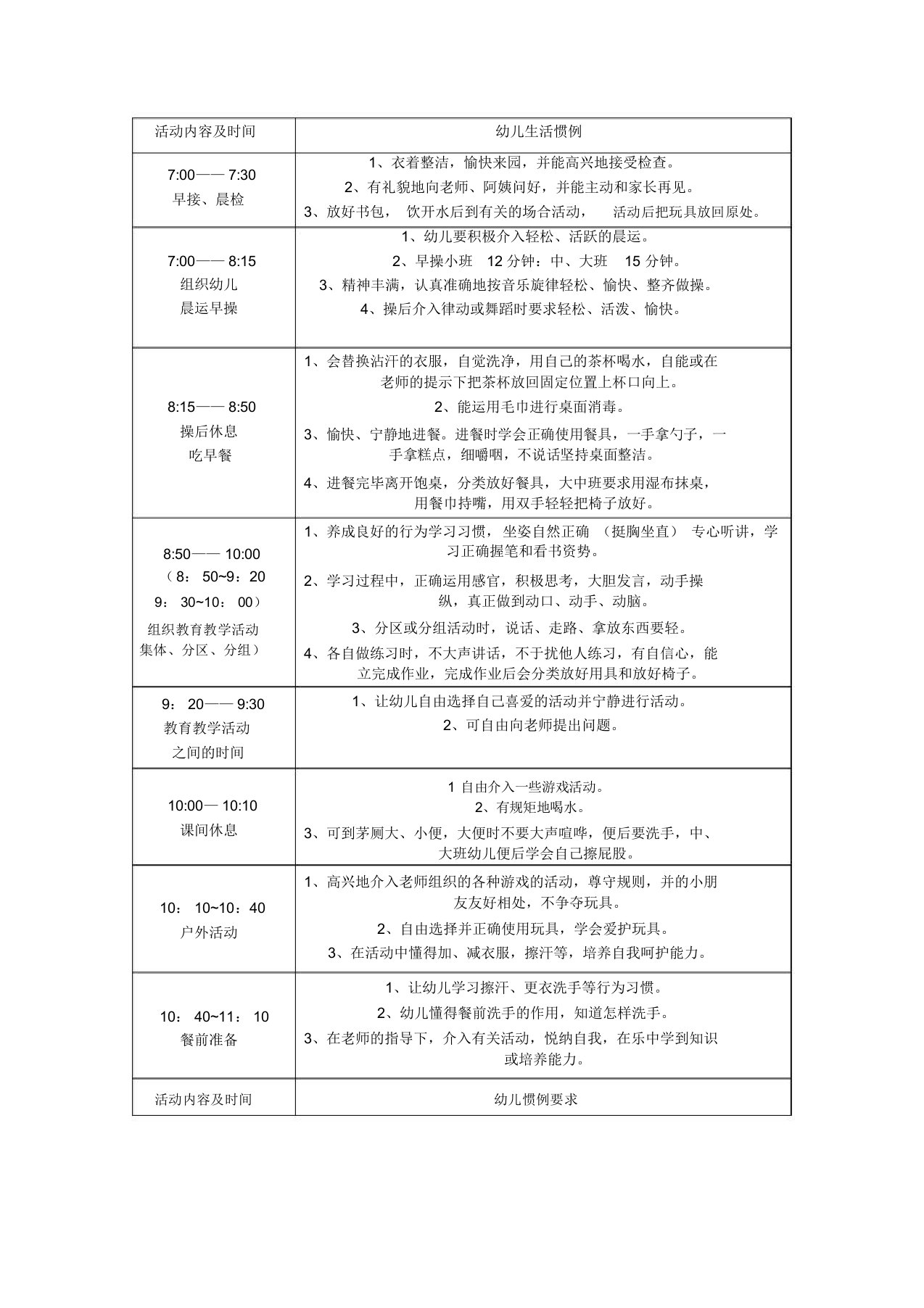 幼儿园一日活动安排表