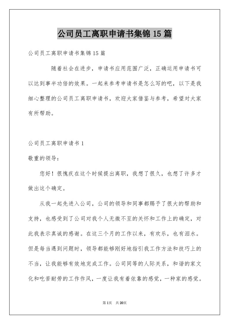 公司员工离职申请书集锦15篇