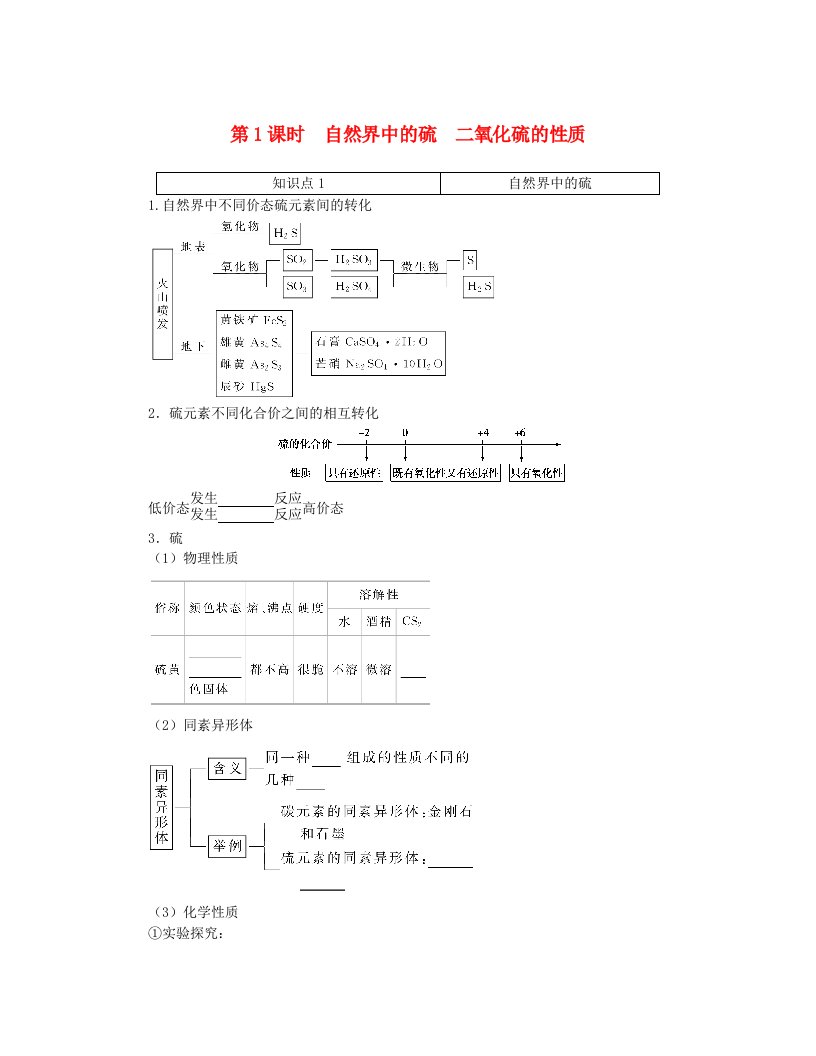 2023版新教材高中化学第3章物质的性质与转化第2节硫的转化第1课时自然界中的硫二氧化硫的性质知识小册子练习鲁科版必修第一册