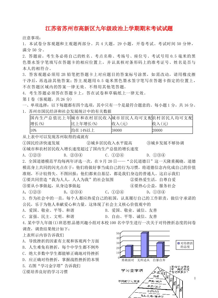 江苏省苏州市高新区九级政治上学期期末考试试题