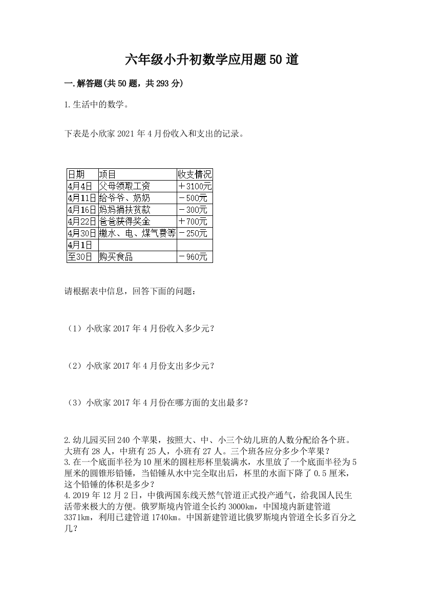 六年级小升初数学应用题50道精品（名校卷）