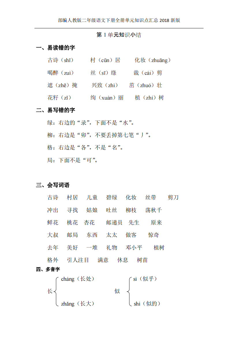 (精品)018新部编人教版二年级语文下册全册单元知识点详解110