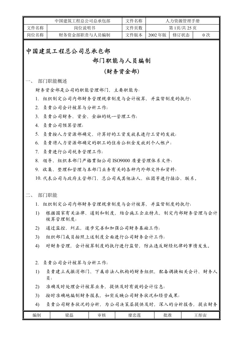 中国建筑工程总公司总承包部部门职能与人员编制(财务资金部)(DOC