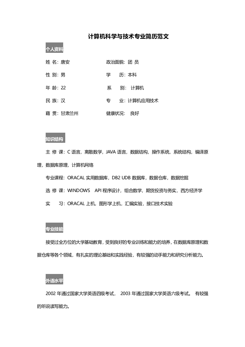 计算机科学与技术专业简历范文--