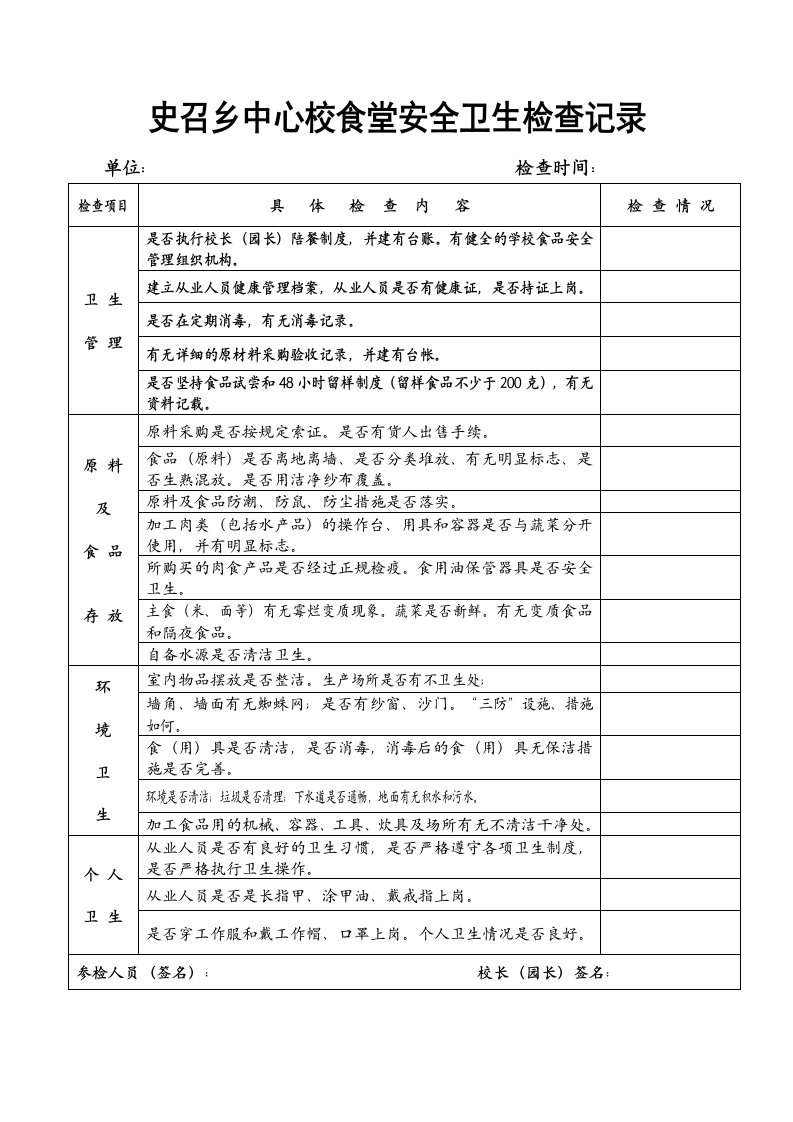 学校食堂卫生检查表