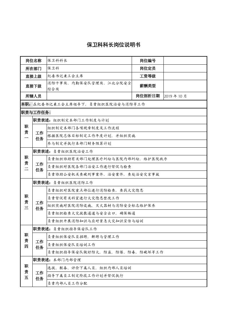 湖北新华医院保卫科科长岗位说明书