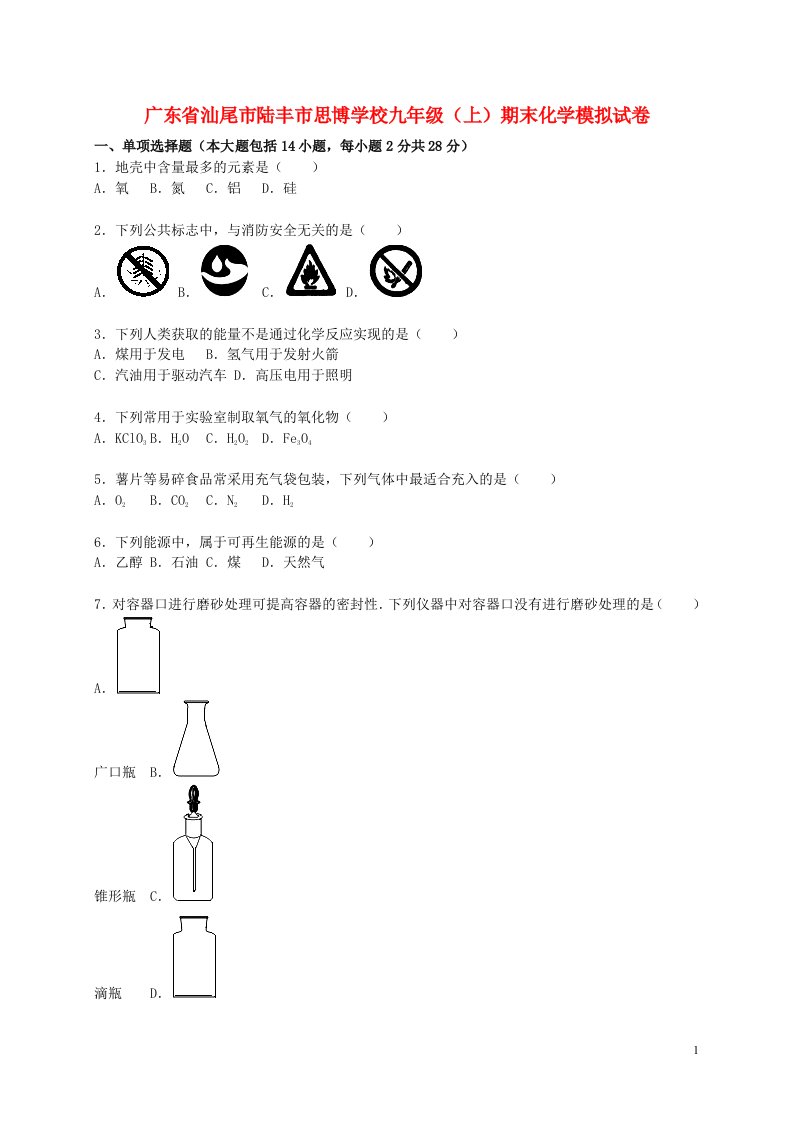 广东省汕尾市陆丰市思博学校九级化学上学期期末模拟试题（含解析）