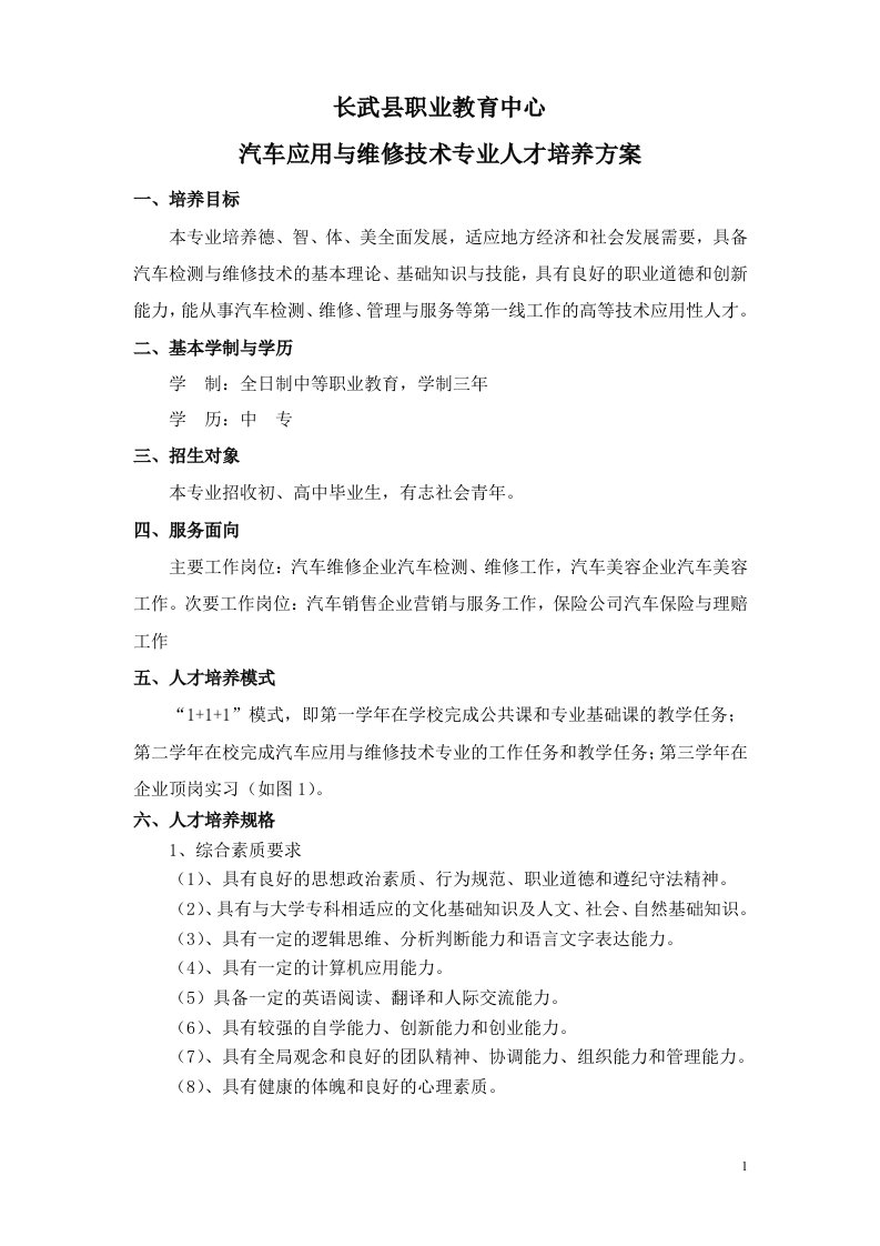 长武县职教中心汽修专业人才培养方案