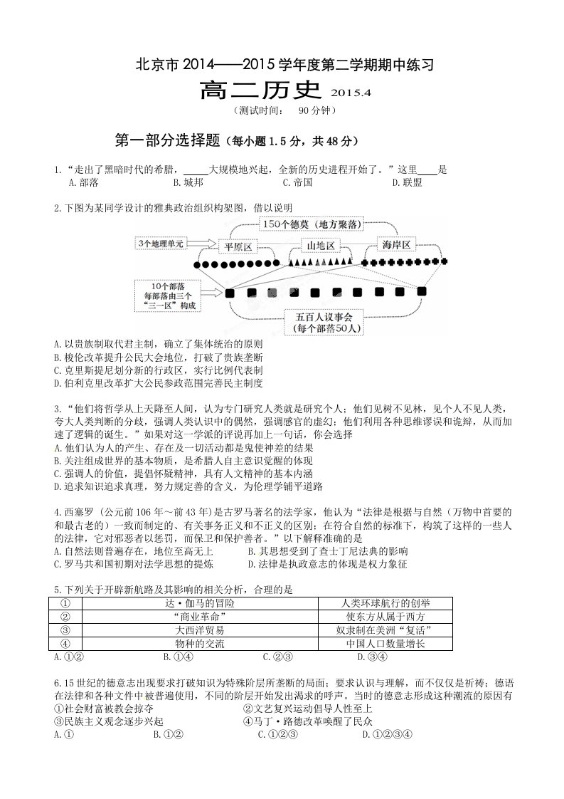 北京市重点中学2014-2015学年高二下学期期中考试历史试题