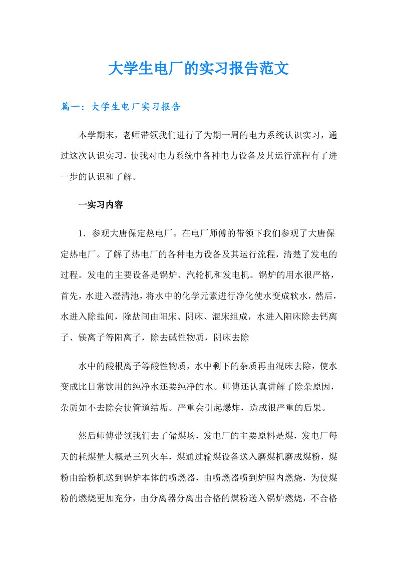 大学生电厂的实习报告范文