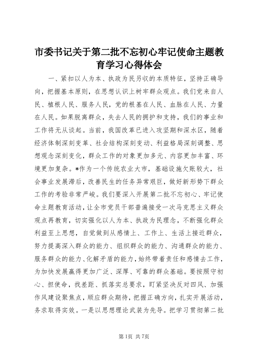 市委书记关于第二批不忘初心牢记使命主题教育学习心得体会