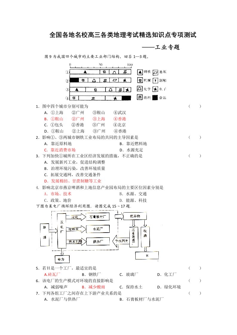 全国各地名校高三各类地理考试精选知识点专项测试工业专题