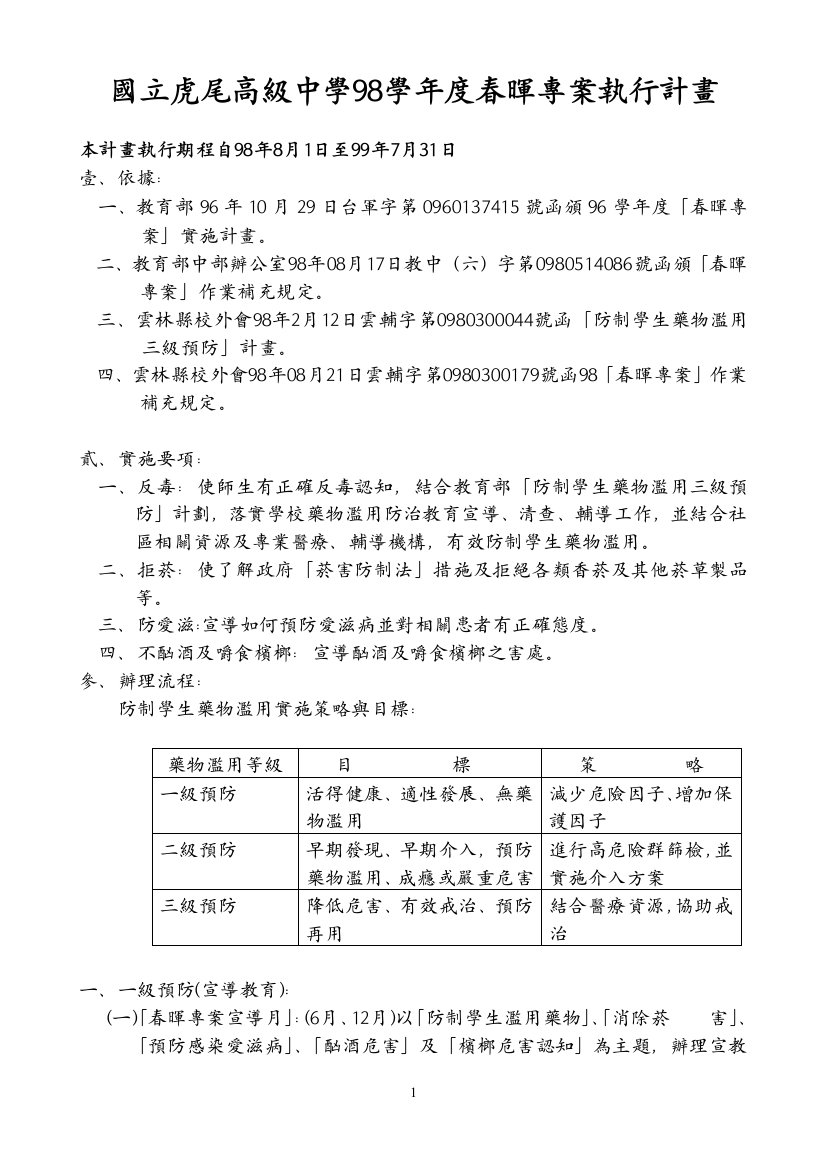 国立虎尾高级中学98学年度春晖专案执行计画