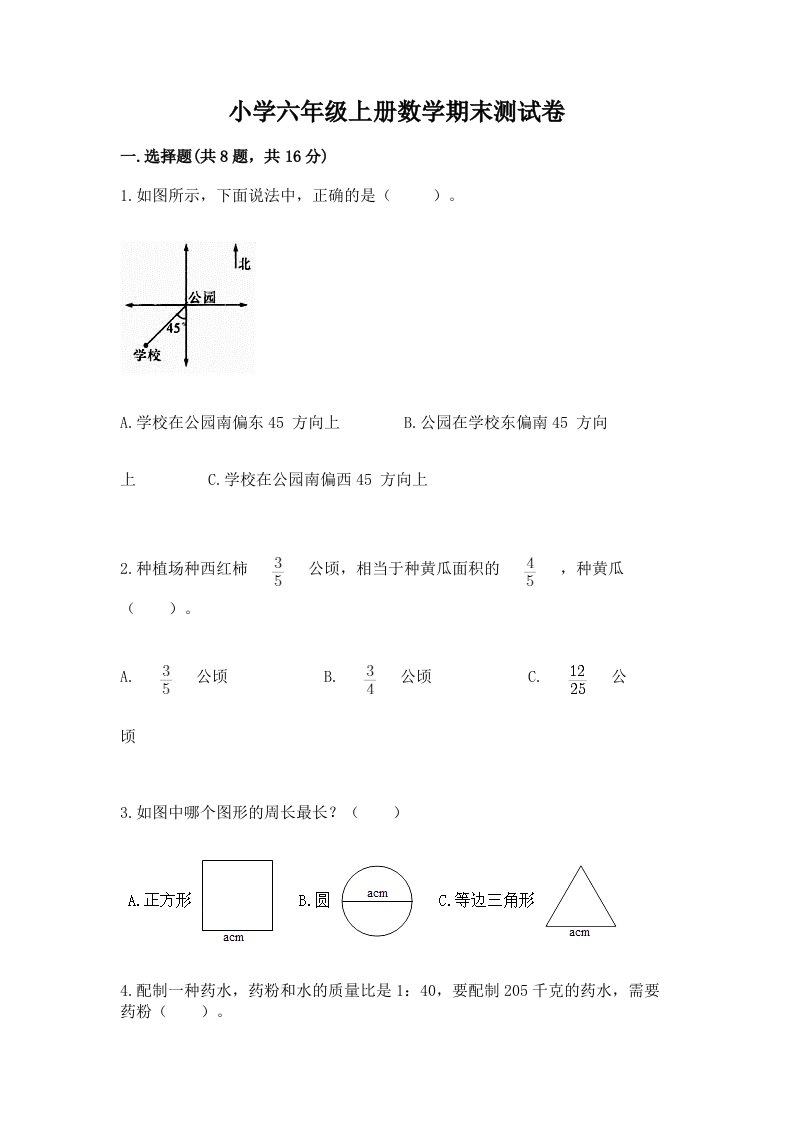 小学六年级上册数学期末测试卷精品（历年真题）