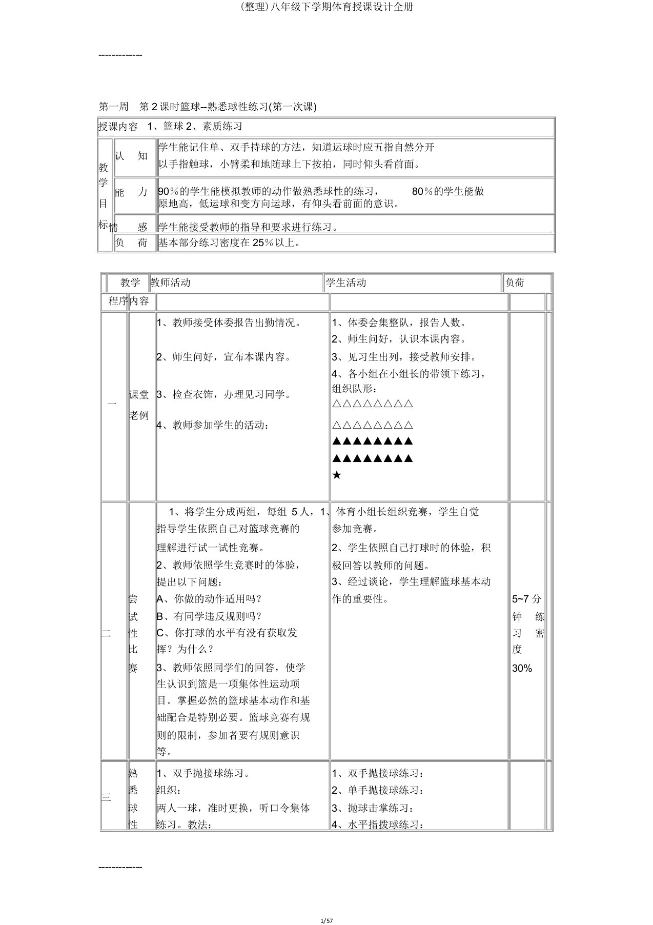 八年级下学期体育教案全册