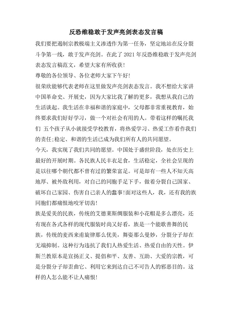 反恐维稳敢于发声亮剑表态发言稿