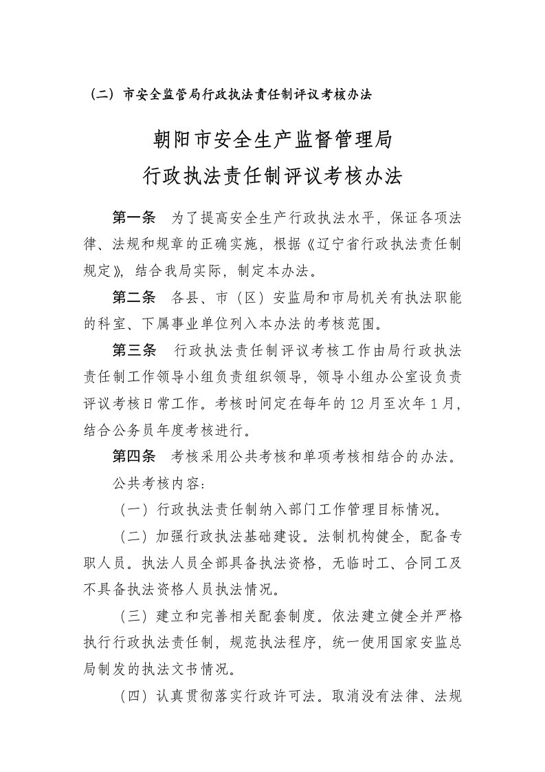 市安全监管局行政执法责任制评议考核办法