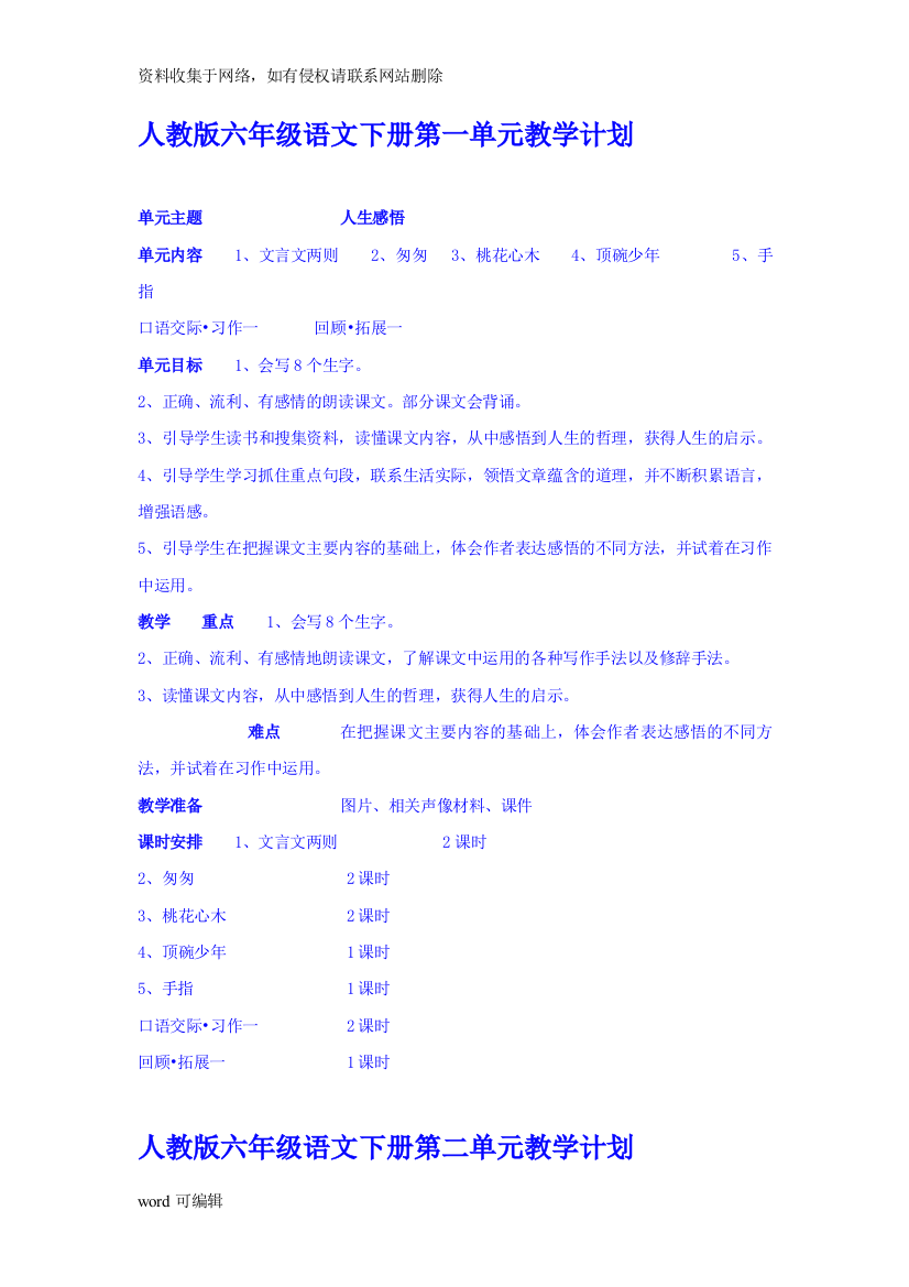 人教版六年级语文下册单元教学目标计划重难点教案资料