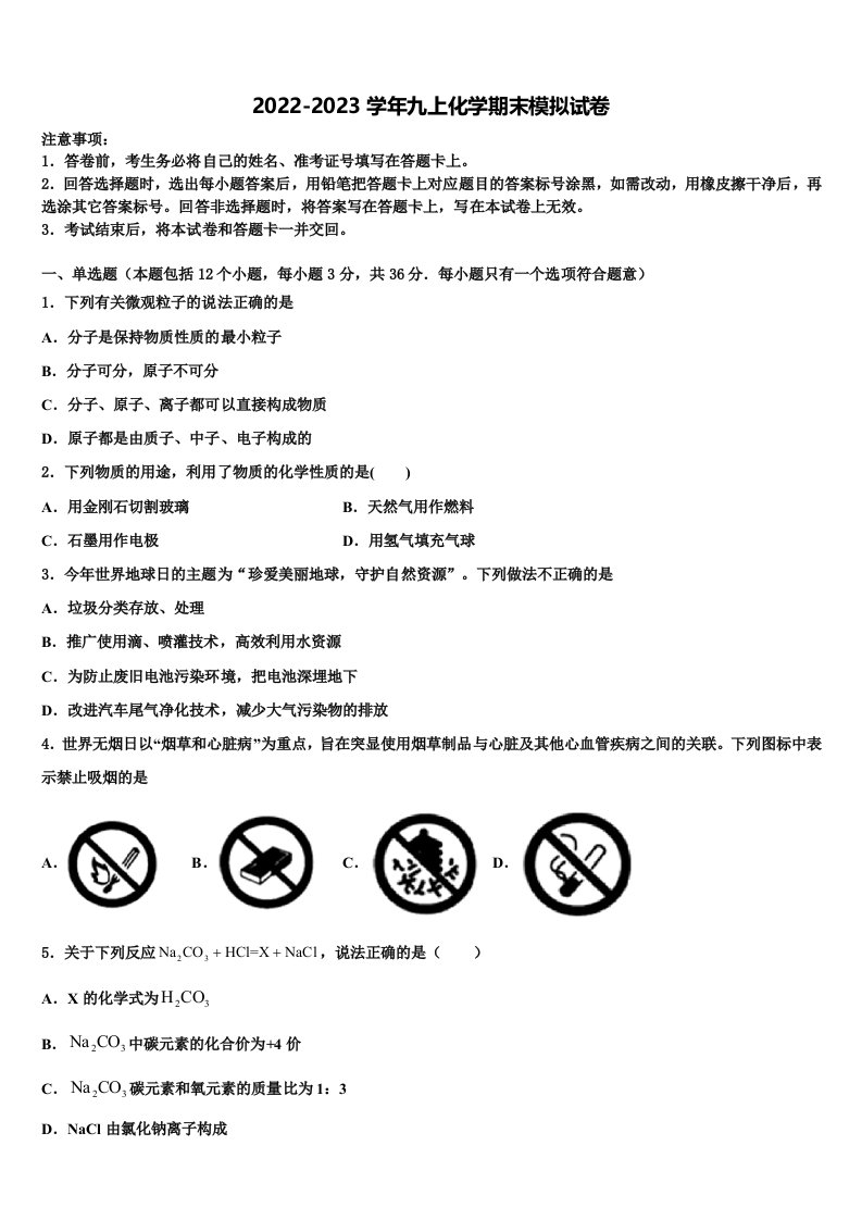 2022年湖北省武汉市六中学九年级化学第一学期期末联考模拟试题含解析