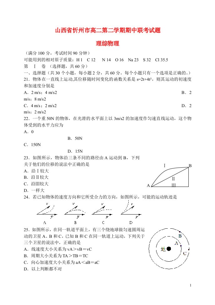 山西省忻州市高二物理下学期期中联考试题