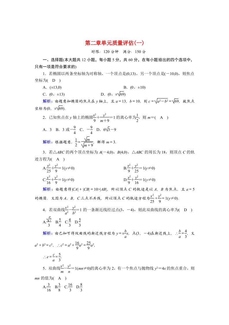 2020_2021学年高中数学第二章圆锥曲线与方程单元质量评估一课时作业含解析新人教A版选修2_1