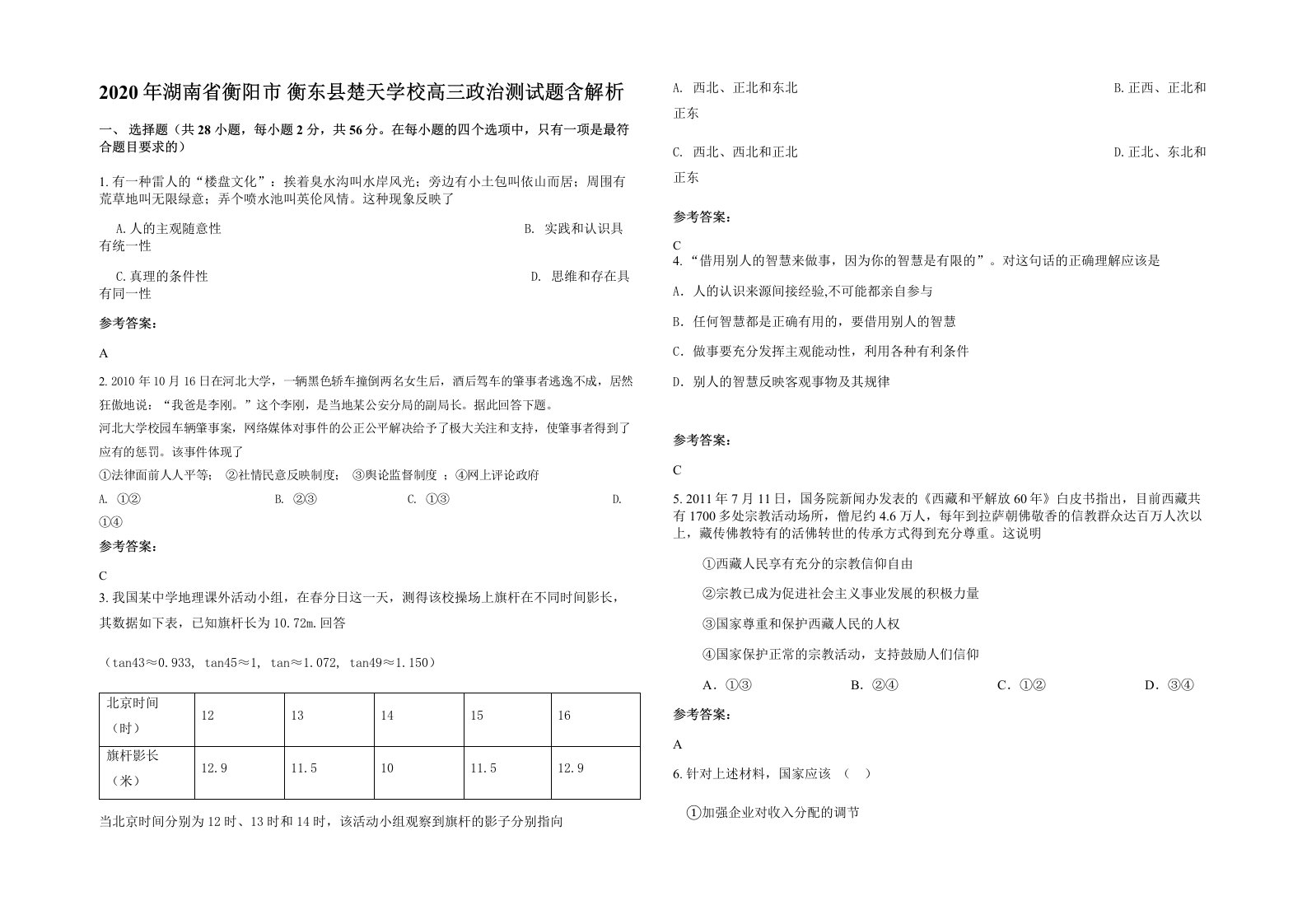 2020年湖南省衡阳市衡东县楚天学校高三政治测试题含解析