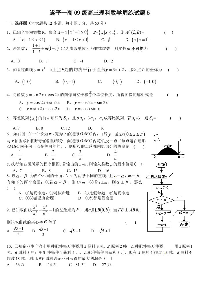 遂平一高09级高三理科数学周练试题5