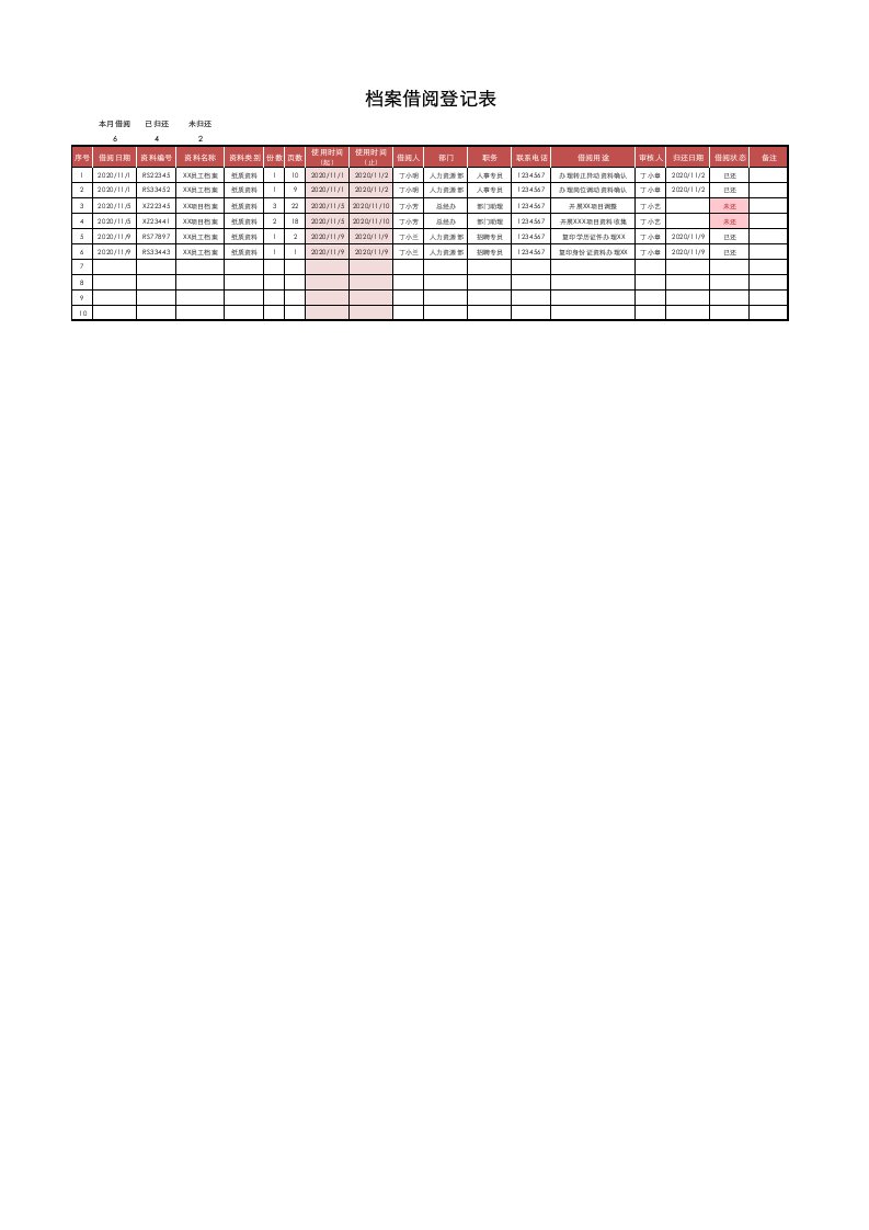 行政部管理-档案借阅登记表