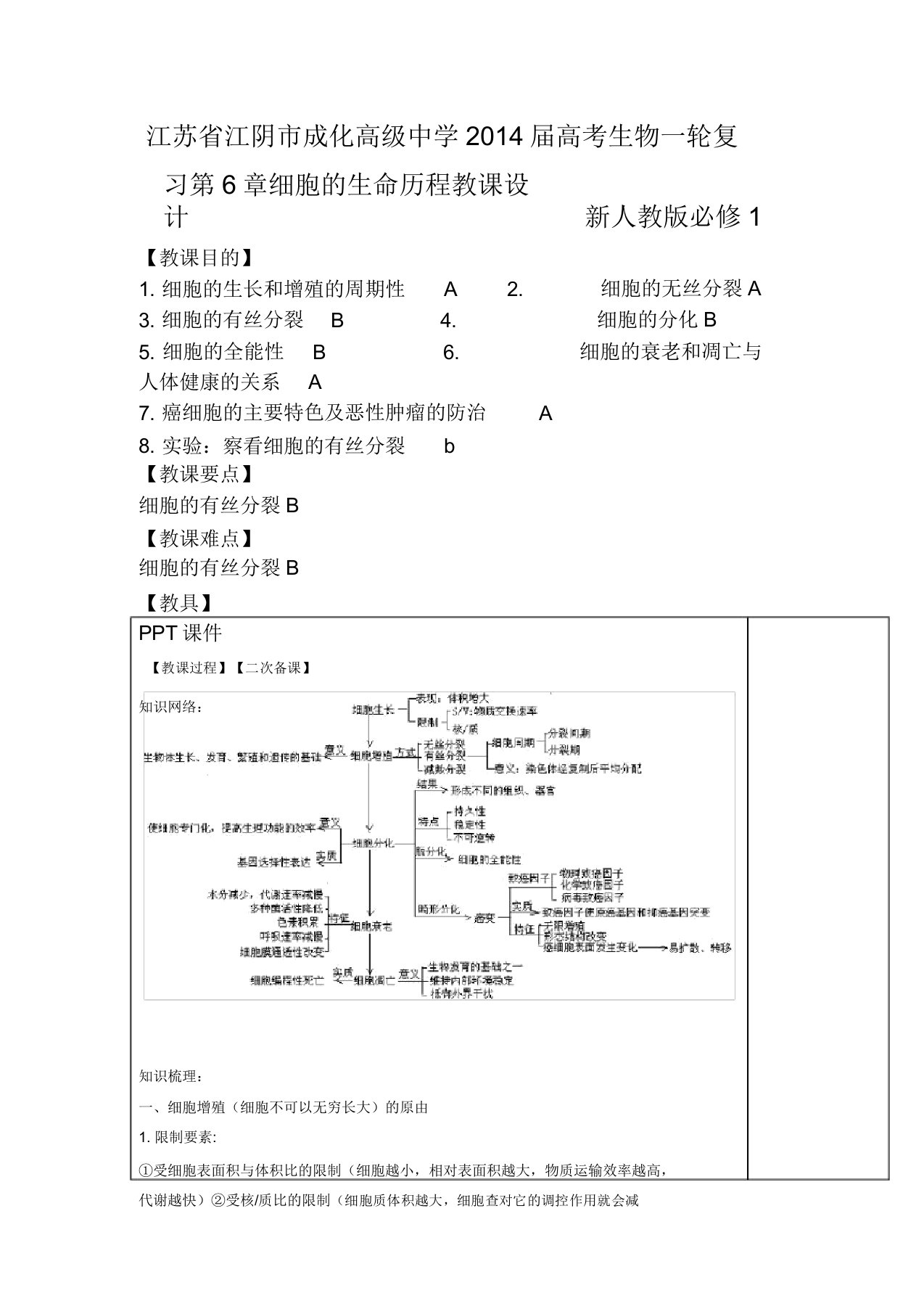 江苏省江阴市成化高级中学高考生物一轮复习第6章细胞的生命历程教案新人教版必修1