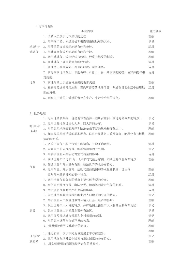 江西2014年地理中考说明